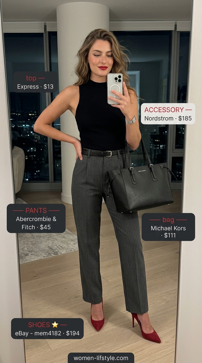 Restaurant dinner outfit summer for women 2026: Charcoal trousers, black top, and red pumps for a business dinner.