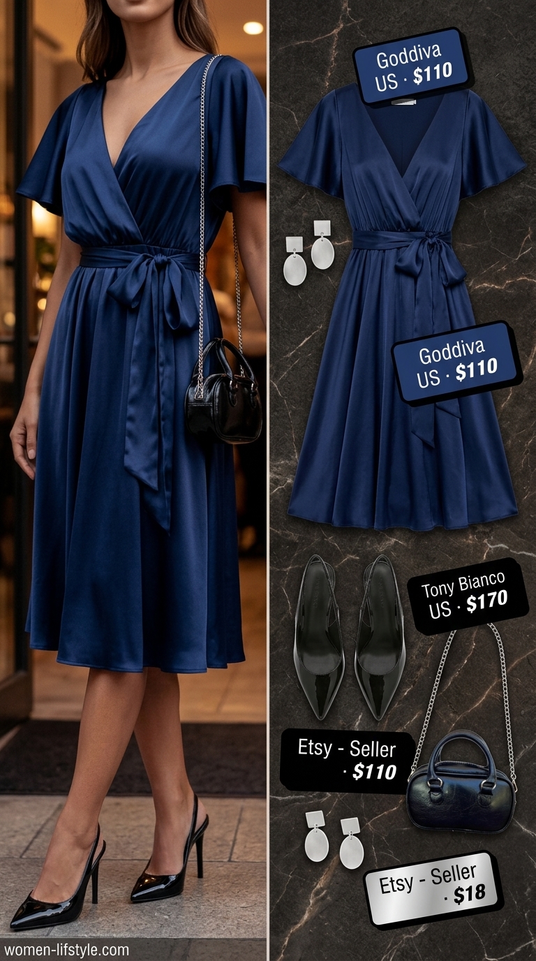 Restaurant dinner outfit summer for women 2026: Cobalt blue satin wrap midi dress for date night or cocktail party.