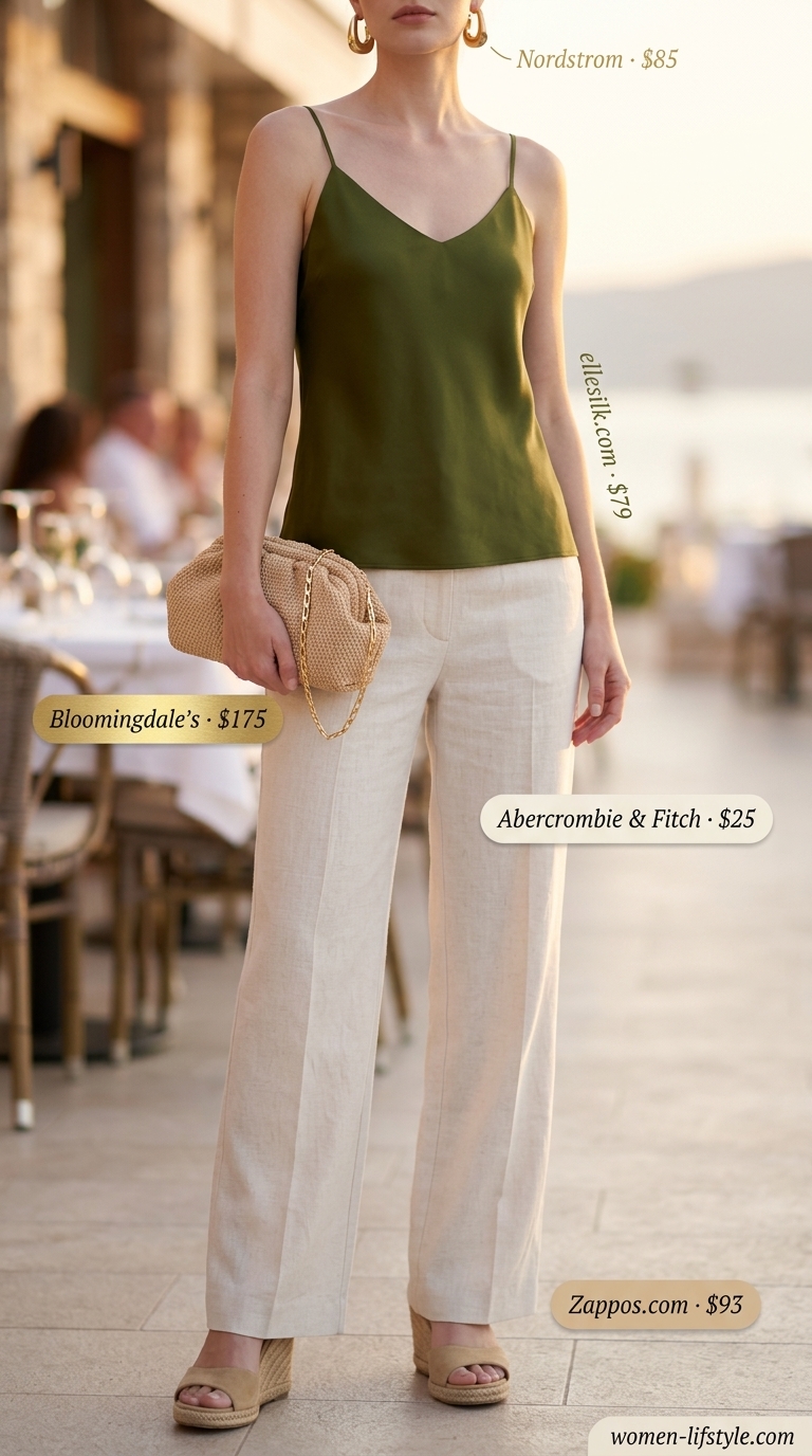Cream linen pants outfit for women's summer restaurant dinner outfits 2026. Elegant and airy for seaside dining.