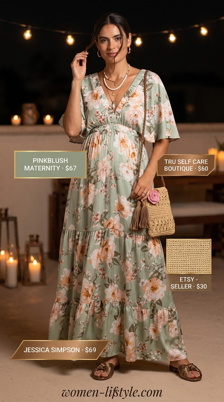 Restaurant dinner outfit summer for women 2026: Floral maxi dress for a bohemian garden dinner or outdoor event.