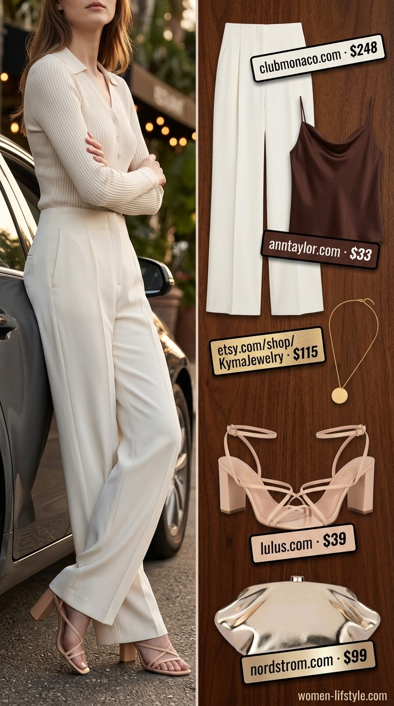 Ivory wide-leg trousers for women's summer restaurant dinner outfits 2026. Sophisticated for upscale events.