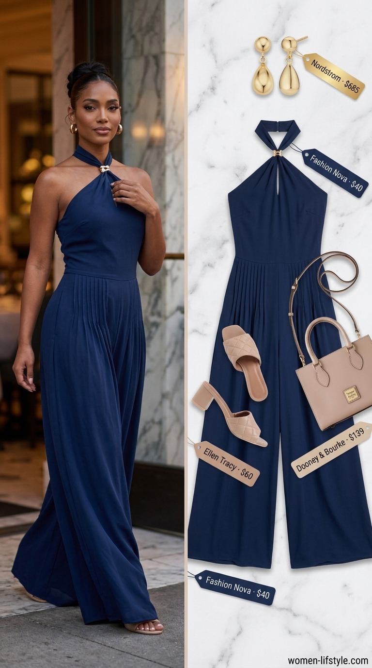 Navy blue jumpsuit for women's summer restaurant dinner outfits 2026. Elegant halter neck style with gold accessories.