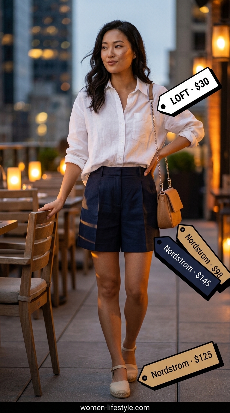 Navy linen shorts outfit for women's summer restaurant dinner outfits 2026. Casual yet polished for beach dining.