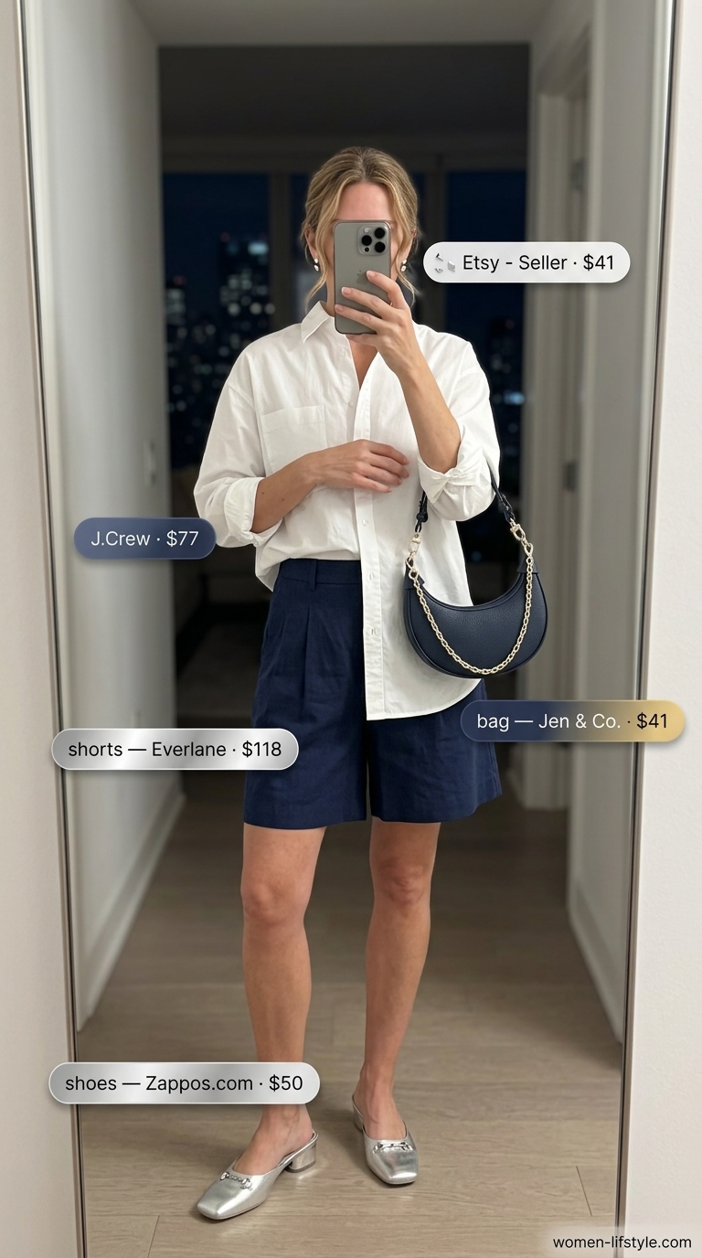 Restaurant dinner outfit summer for women 2026: Navy shorts, white shirt, and silver mules for an uptown soirée.