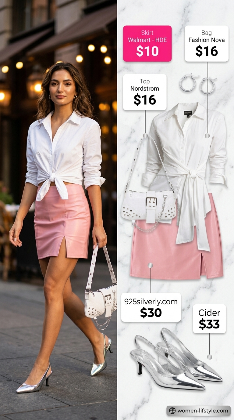 Hot pink faux leather skirt outfit for women's summer restaurant dinner outfits 2026. Playful for girls' night out.