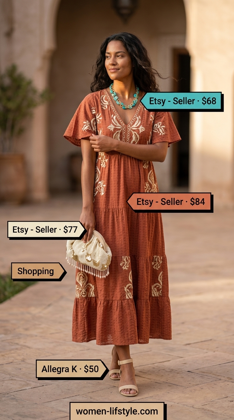 Terracotta maxi dress for women's summer restaurant dinner outfits 2026. Bohemian glam for garden parties.