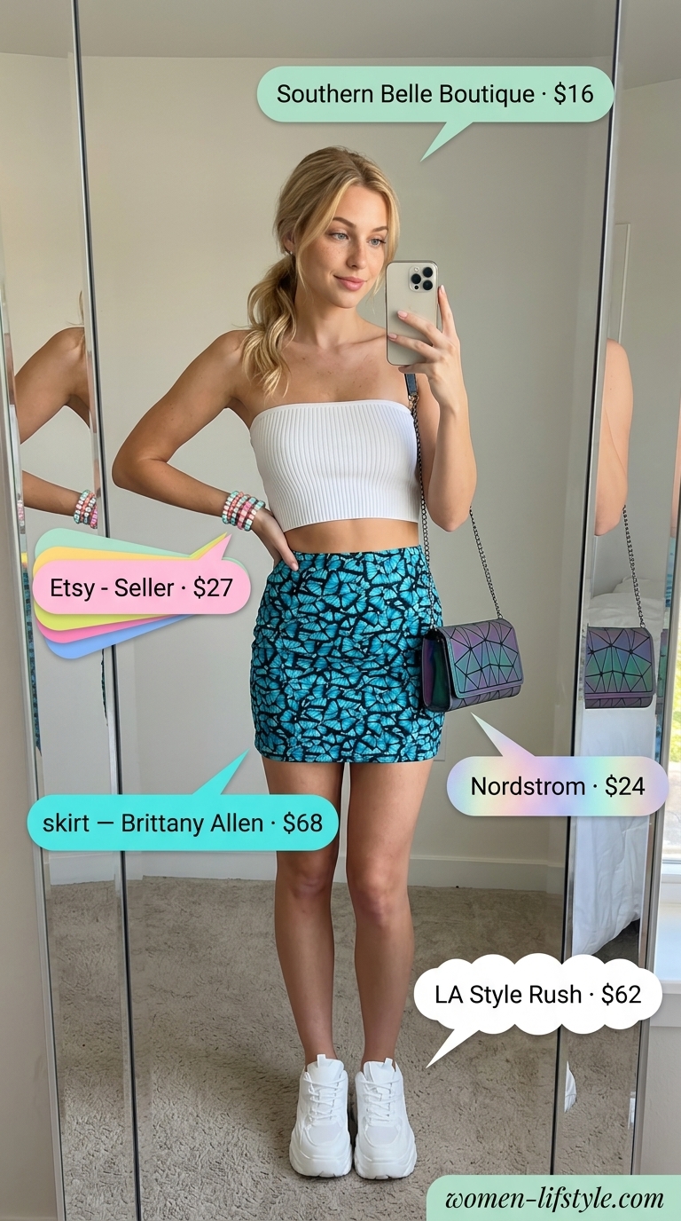 Rhinestone Y2K summer outfits for women 2026: Pastel butterfly skirt, white tube top, holographic bag, and platform sneakers.