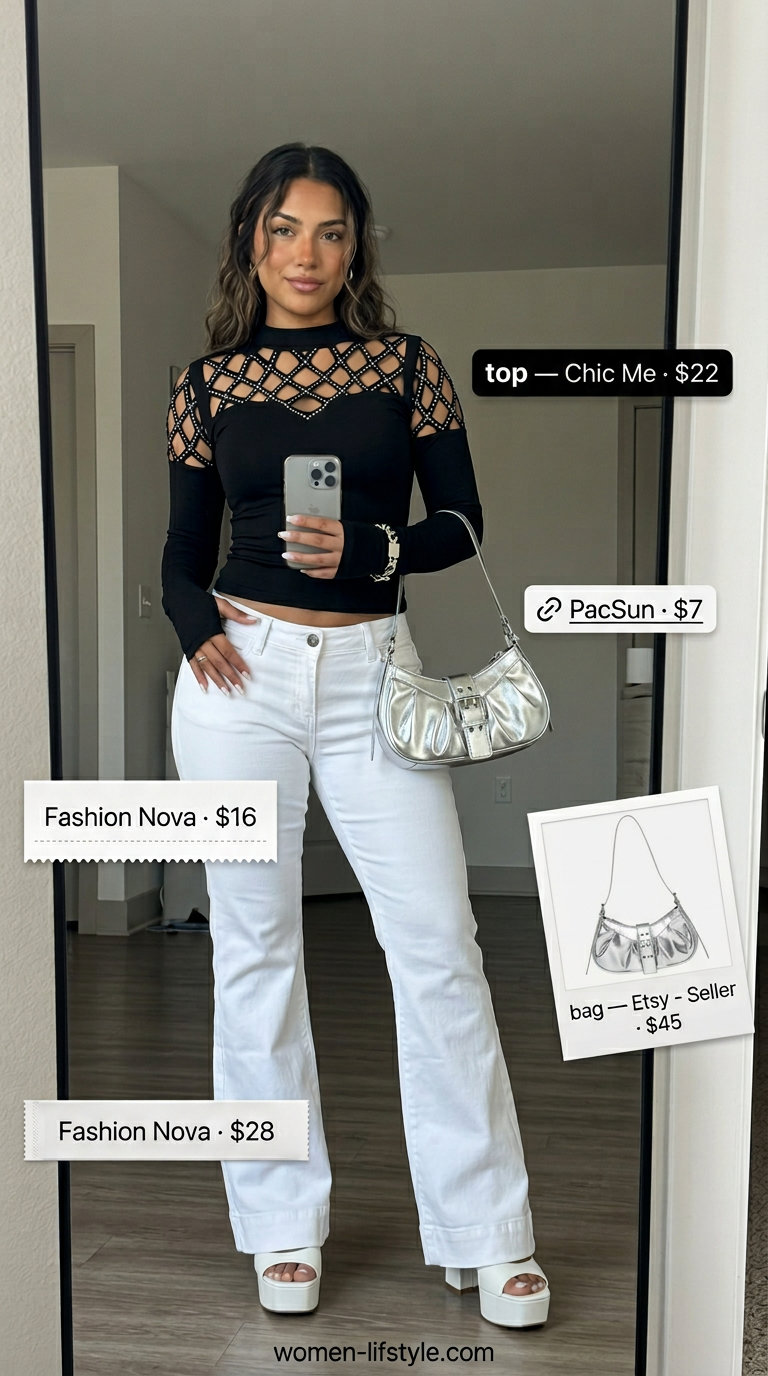 Rhinestone Y2K summer outfits for women 2026: Black cut-out top, flared pants, silver bag, and white platform heels.