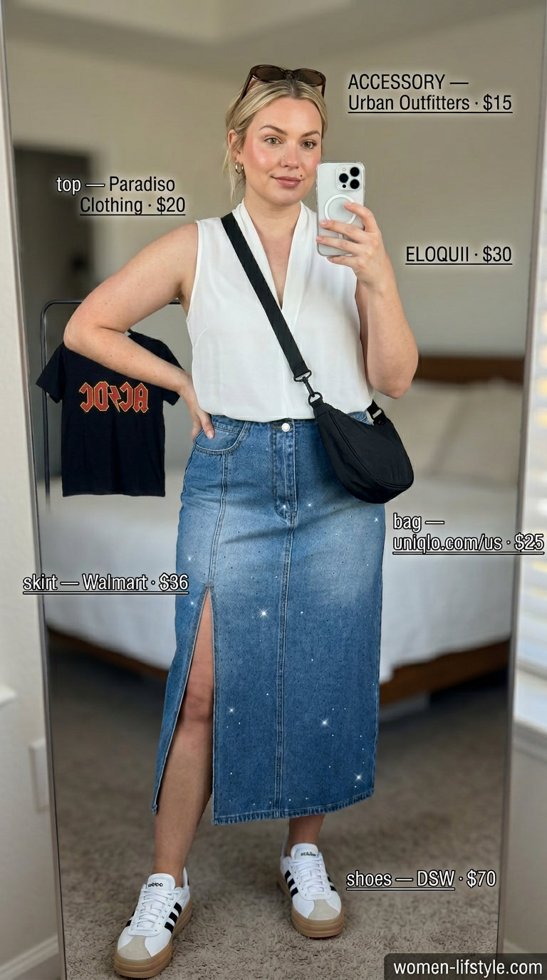 Rhinestone Y2K summer outfits for women 2026: Denim midi skirt with rhinestones, graphic tee, black bag, and platform sneakers.