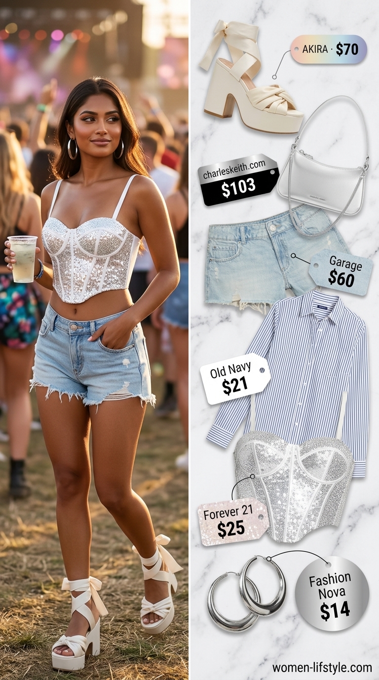 Rhinestone Y2K summer outfits for women 2026: Rhinestone bustier top, distressed denim shorts, silver bag, and platform sandals.