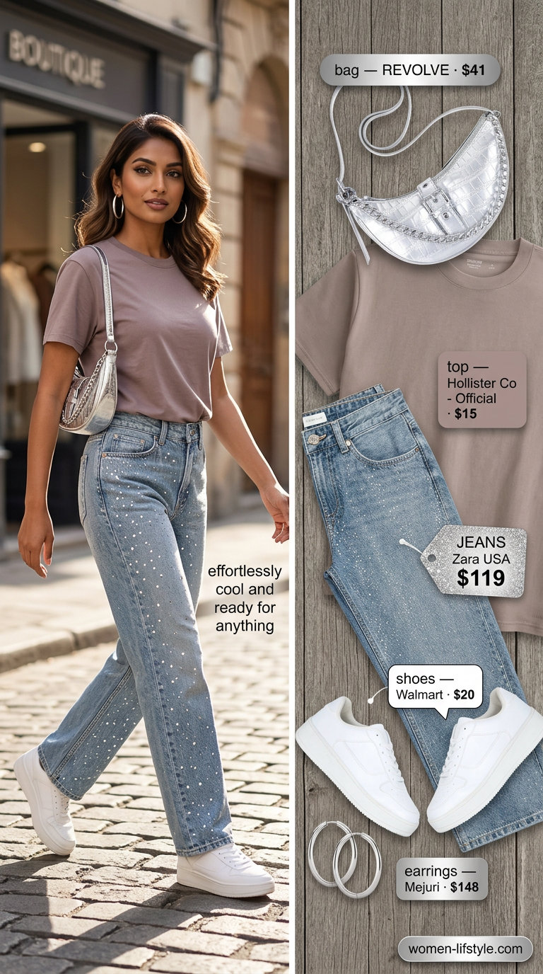 Rhinestone Y2K summer outfits for women 2026: Graphic tee, rhinestone jeans, silver bag, and platform sneakers for street style.