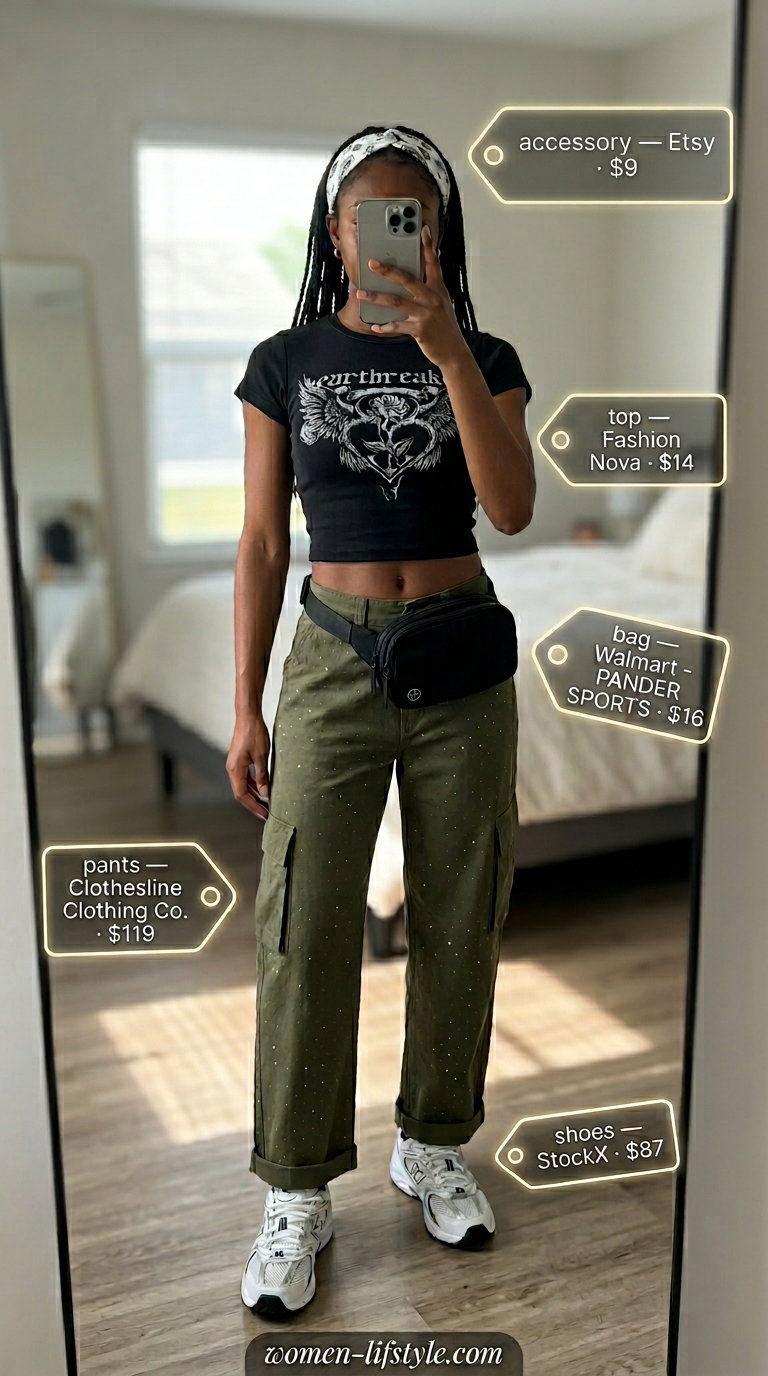 Edgy Y2K summer outfit: olive cargo pants with rhinestone pockets, baby tee, bandana, and sneakers.