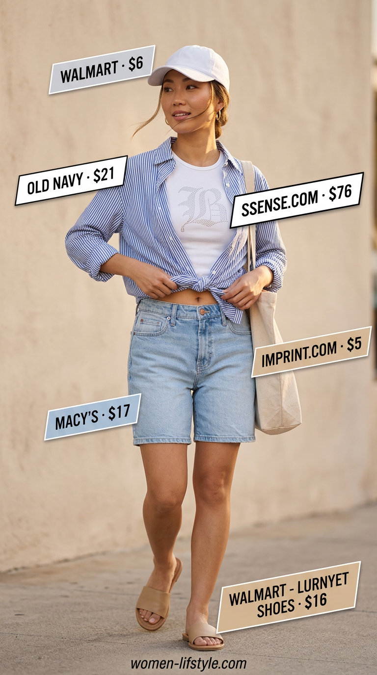 Casual Y2K summer outfit: denim bermuda shorts, rhinestone tank top, baseball cap, and tote bag.