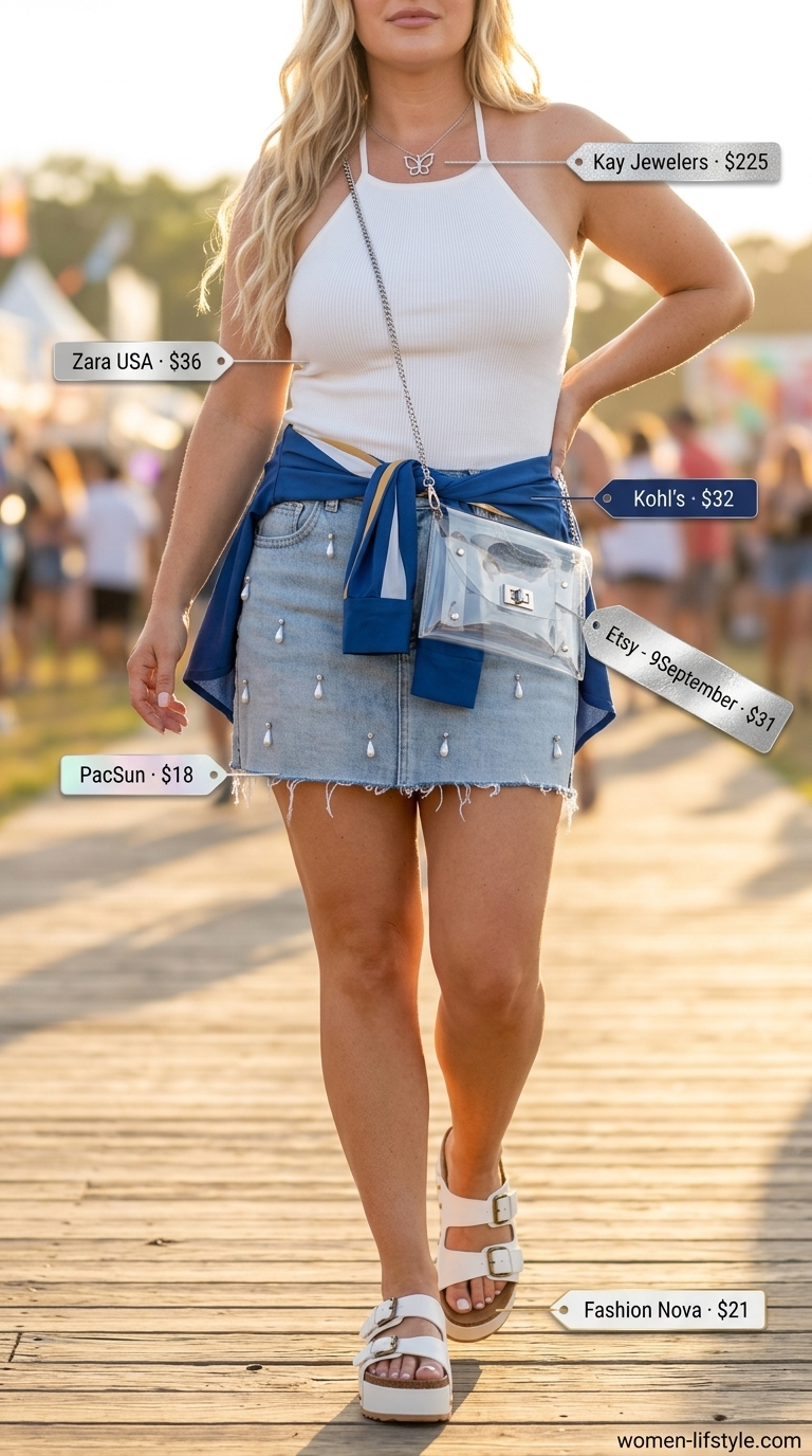 Playful Y2K summer outfit: rhinestone denim skirt, white halter top, platform sandals, and clear bag for beach.