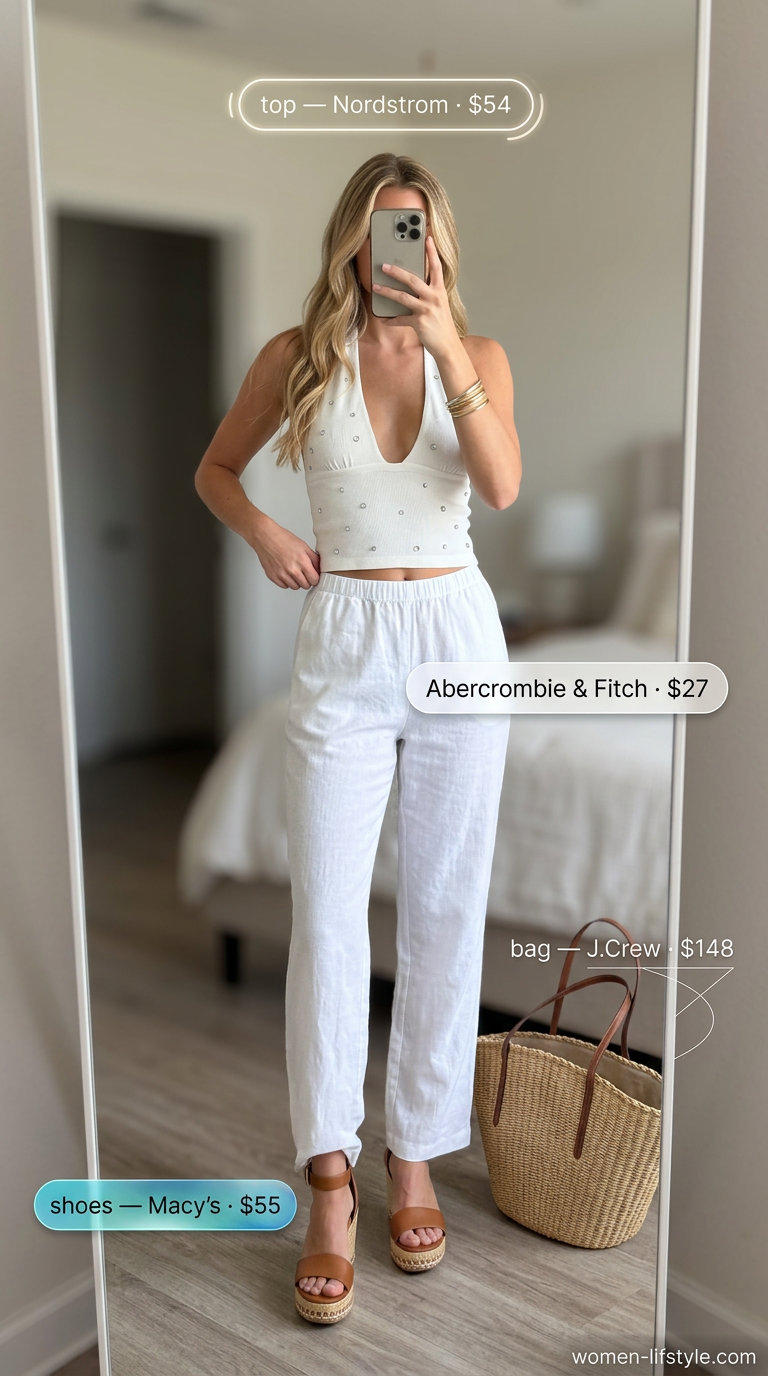 Chic Y2K summer outfit: white linen pants, rhinestone halter top, espadrilles, and straw tote for casual brunch.