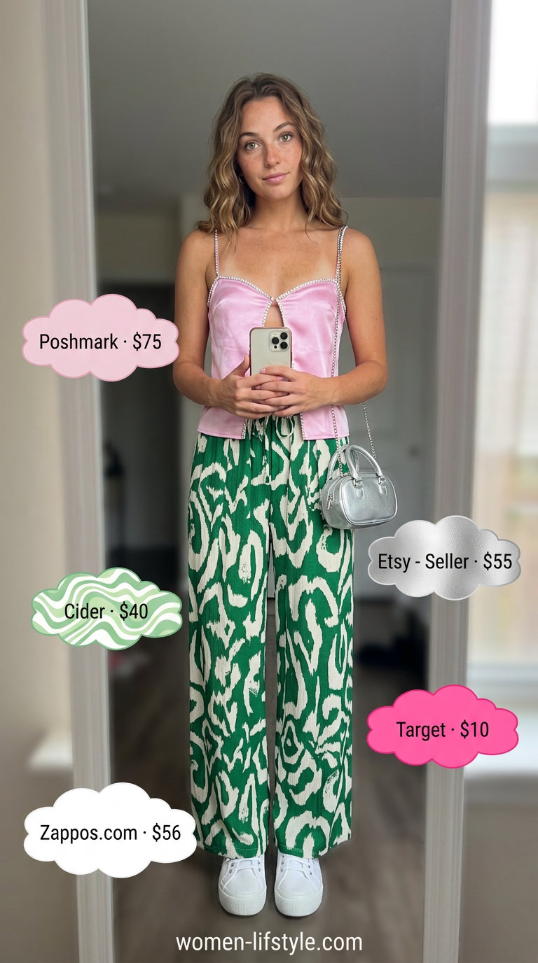 Sweet Y2K summer outfit: Blush pink rhinestone cami set, white platform sneakers, and heart sunglasses for a casual party.
