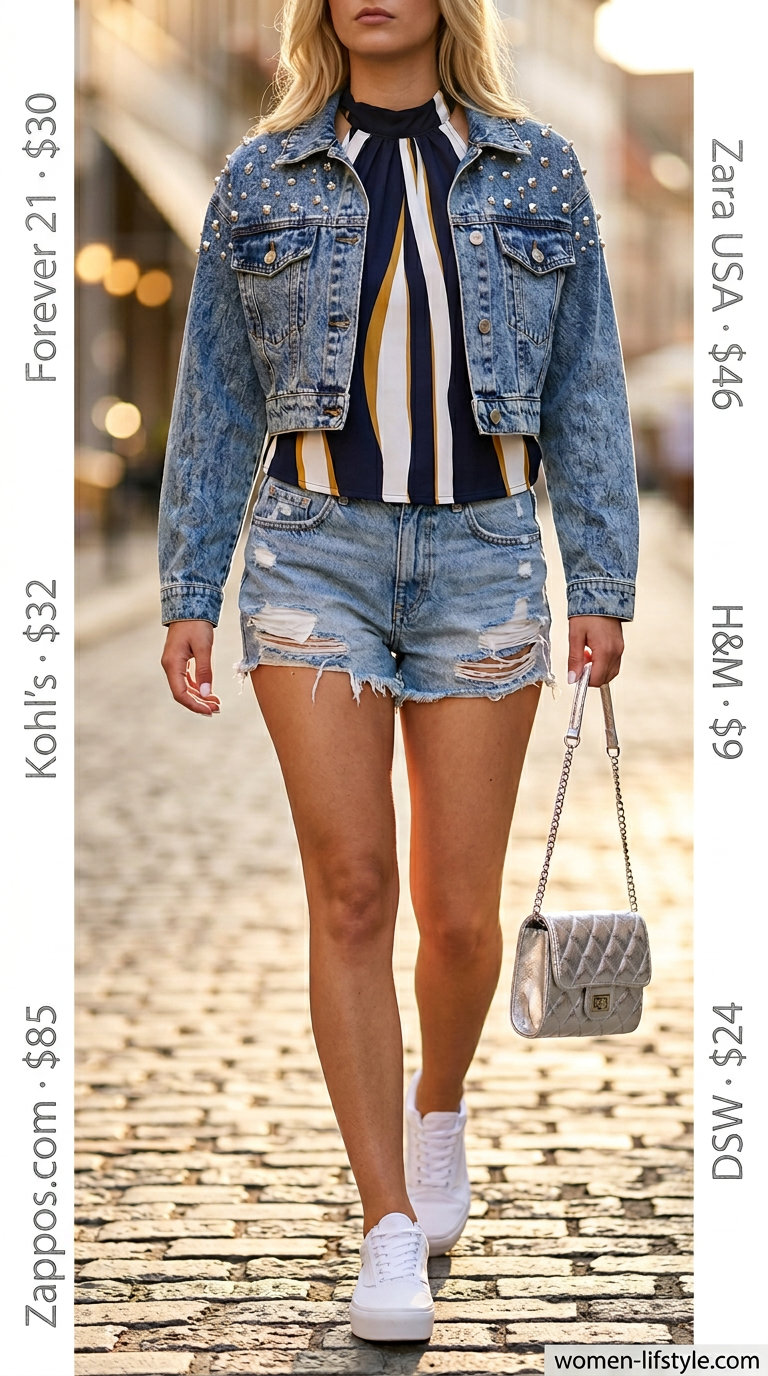 Casual Y2K summer outfit: Rhinestone denim jacket, white tank, denim shorts, and platform sneakers for a day out.