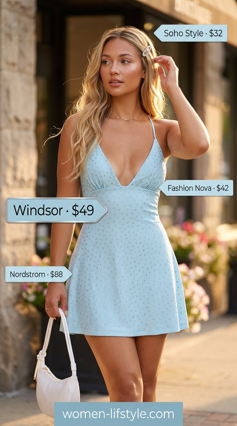 Sweet Y2K summer outfit: Light blue rhinestone mini dress, white sneakers, and silver hair clips for a date.