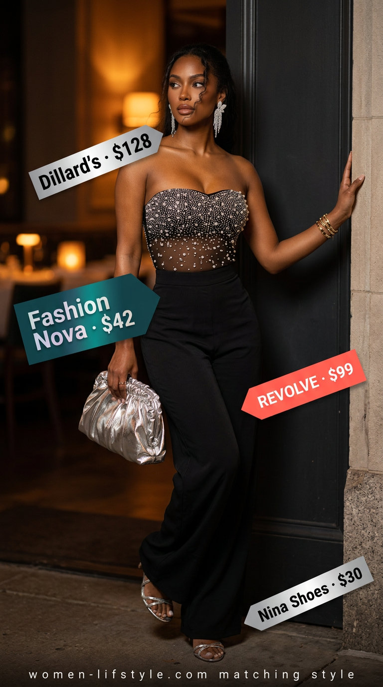 Glam Y2K summer outfit: Black rhinestone wide-leg jumpsuit, silver sandals, and crystal earrings for an evening event.