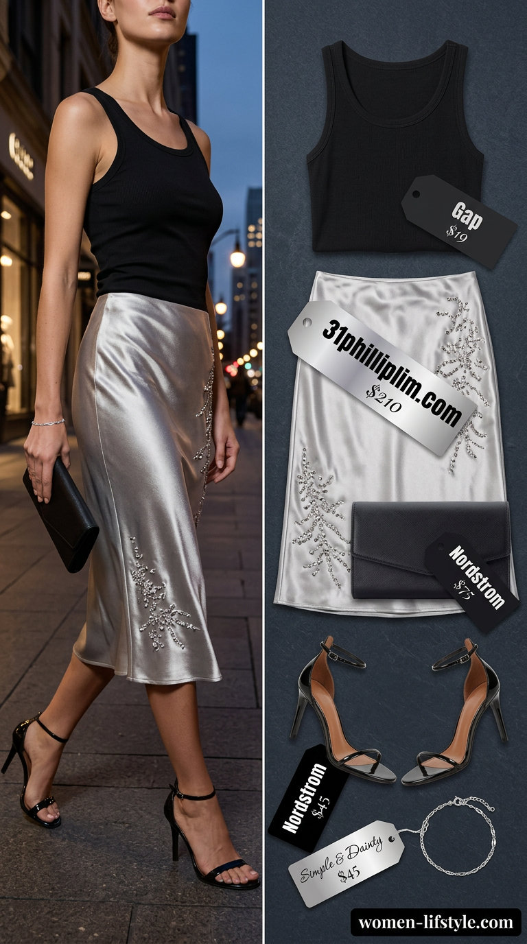 Chic Y2K summer outfit: Silver rhinestone midi skirt, black tank top, heeled sandals, and clutch for a party.