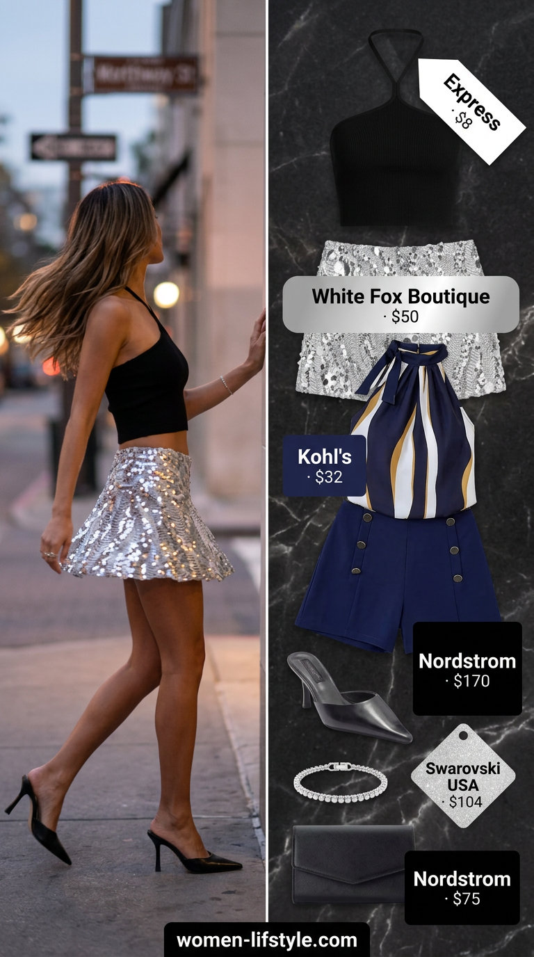 Glam Y2K summer outfit: Silver sequin mini skirt, black halter crop top, mules, and clutch for a night out.