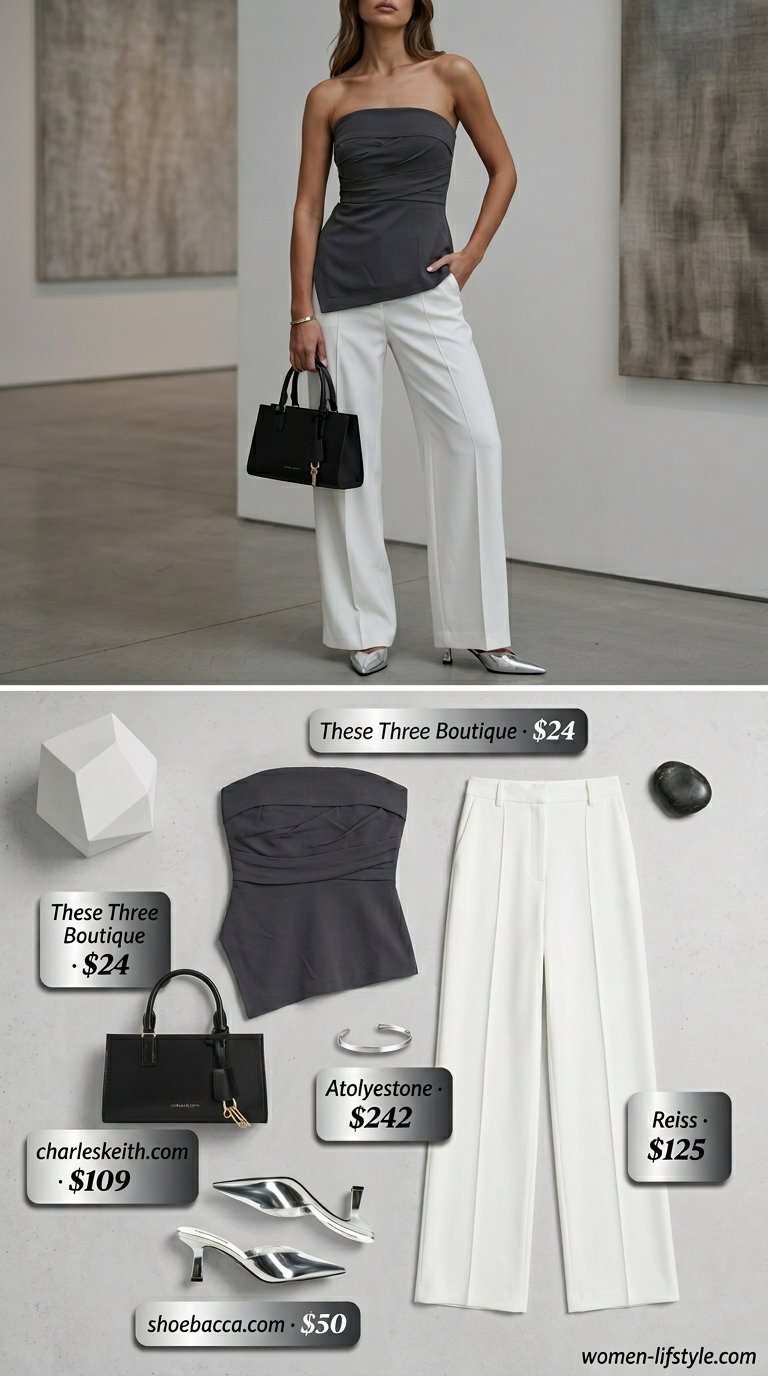 Charcoal grey satin tube top outfit with white trousers for women 2026, for an art walk.