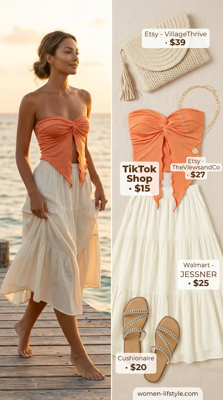 Coral satin tube top outfit with cream tiered maxi skirt for women 2026, for a boho sunset dinner.