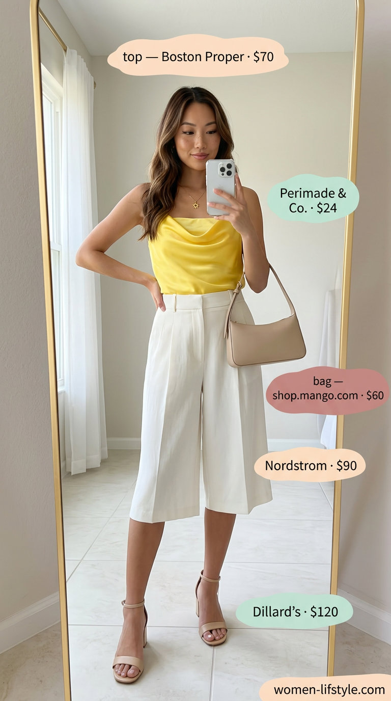Sunny yellow satin tube top outfit with white culottes for women 2026, chic for a garden party.