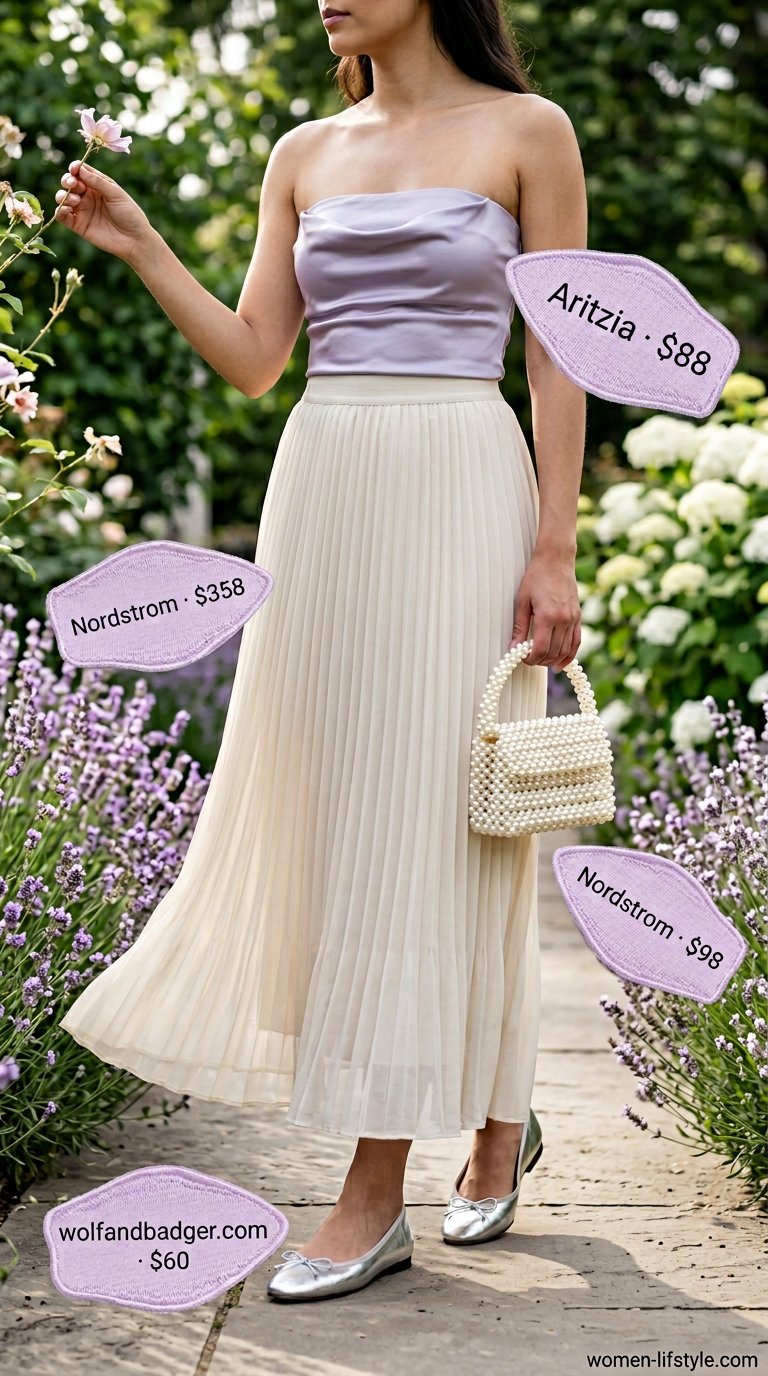 Lavender satin tube top with light grey chiffon skirt for women 2026, for a whimsical garden party.
