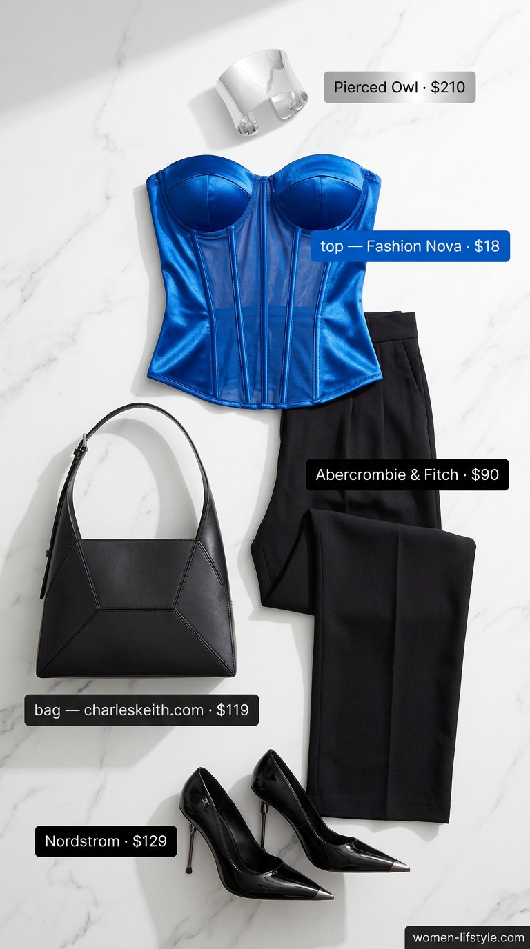 Cobalt blue satin tube top outfit for women 2026: Wide-leg trousers, pumps for art gallery.