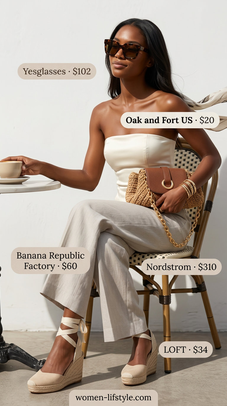 Champagne satin tube top outfit for women 2026: Linen trousers, espadrilles for brunch.