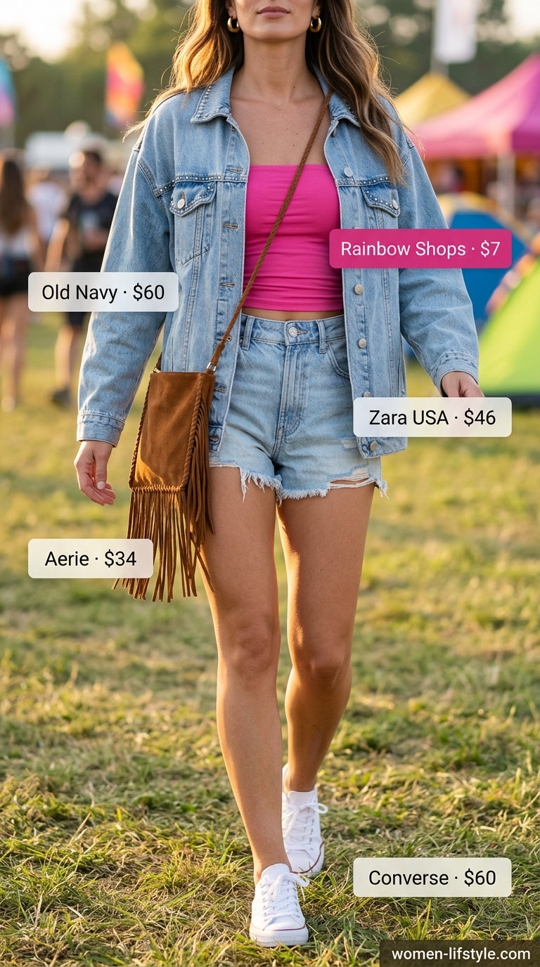 Fuchsia satin tube top outfit for women 2026: Denim shorts, oversized jacket, crossbody bag for festival.