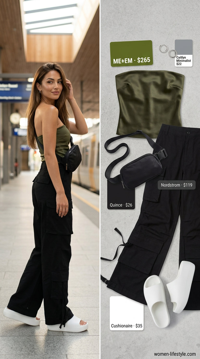 Olive green satin tube top outfit for women 2026: Cargo pants, platform sandals for getaway.