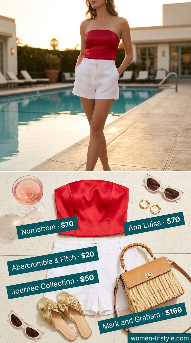 Red satin tube top outfit for women 2026: White linen shorts, straw bag, gold hoops for poolside.