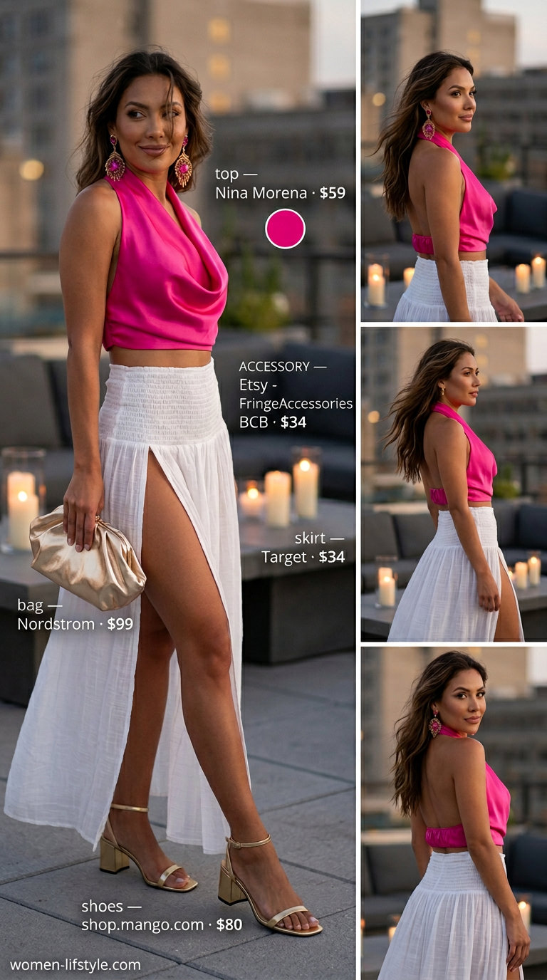 Fuchsia satin tube top outfit for women 2026: Flowy maxi skirt, gold sandals for resort.