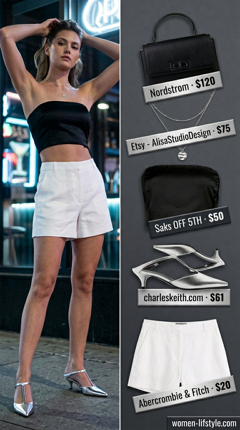 Black satin tube top outfit for women 2026: Tailored shorts, silver heels for urban nights.