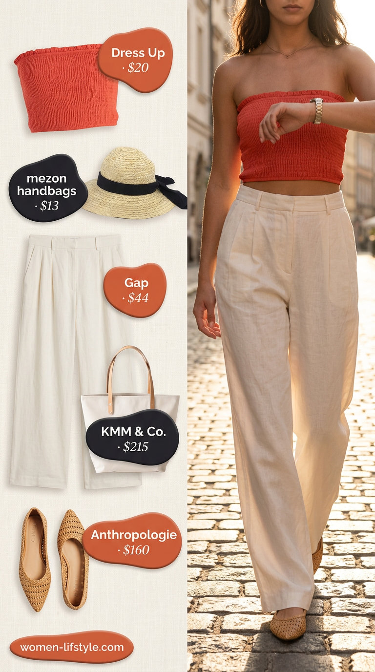 Terracotta satin tube top outfit for women 2026: Linen trousers, canvas tote for vacation.