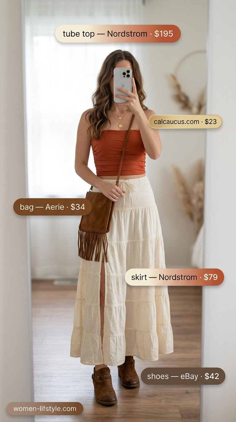 Rust orange satin tube top with a cream tiered maxi skirt for a bohemian festival look in 2026.