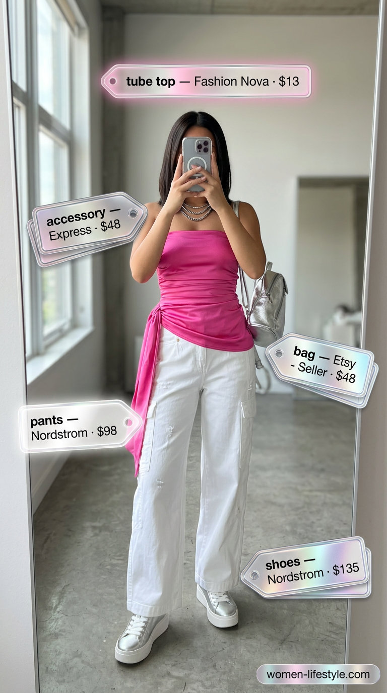 Hot pink satin tube top with white cargo pants for an electric city explorer outfit in 2026.