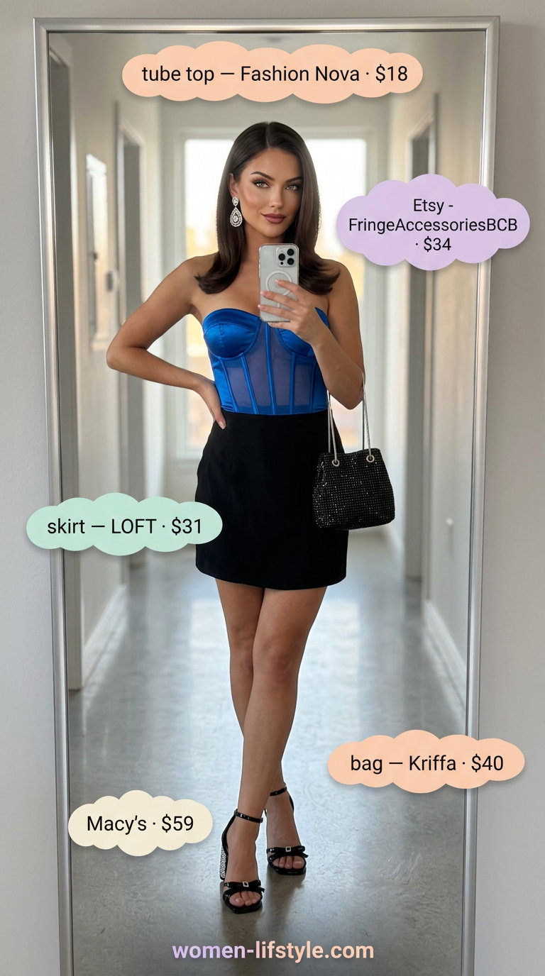 Electric blue satin tube top with a black A-line skirt for a glamorous cocktail outfit in 2026.