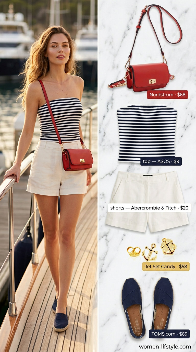 Navy and white striped satin tube top with white tailored shorts for a preppy lakeside look in 2026.