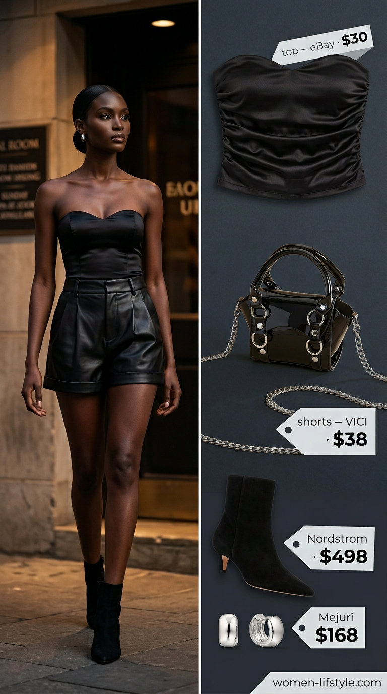 Black satin tube top with faux leather shorts for a midnight urban glam look in 2026.