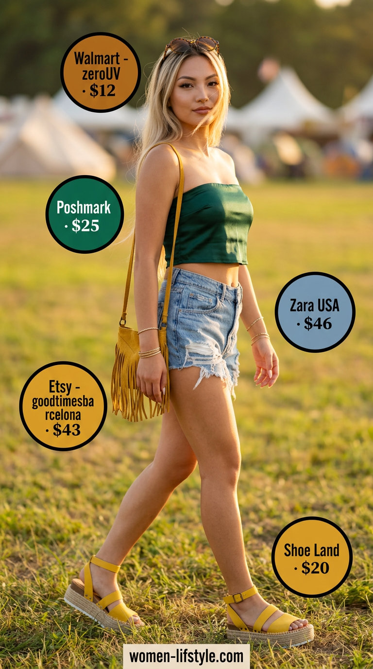 Emerald green satin tube top outfit with denim shorts and mustard yellow accessories for a festival vibe in 2026.