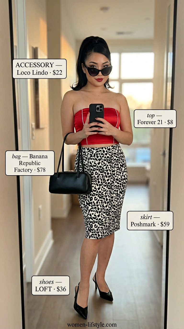 Cherry red satin tube top with a leopard print pencil skirt for a retro glamour look in 2026.