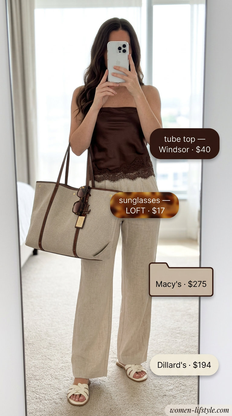 Chocolate brown satin tube top with beige linen trousers for a safari chic travel outfit in 2026.