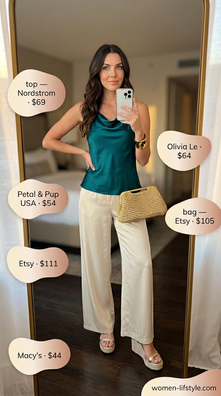 Teal liquid satin tube top with cream palazzo pants for a tropical resort evening outfit in 2026.