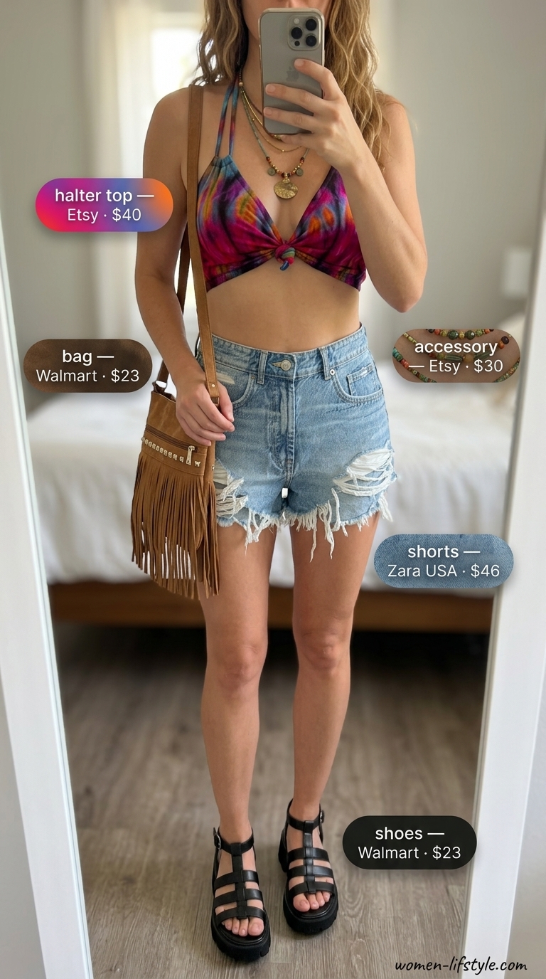 Sleek summer halter top outfits 2026: Tie-dye halter top with distressed denim shorts, platform sandals, and layered necklaces for a festival.