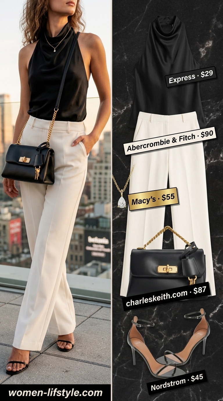 Sleek city dinner outfit with black satin halter top and cream wide-leg trousers. Sleek summer halter top outfits 2026.