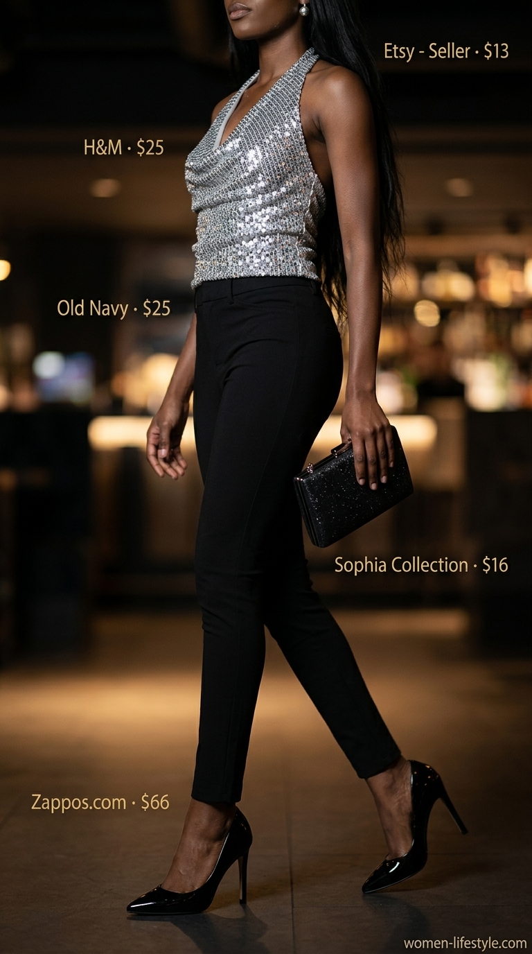Glamorous club night outfit with silver sequin halter top and black skinny pants. Sleek summer halter top outfits 2026.