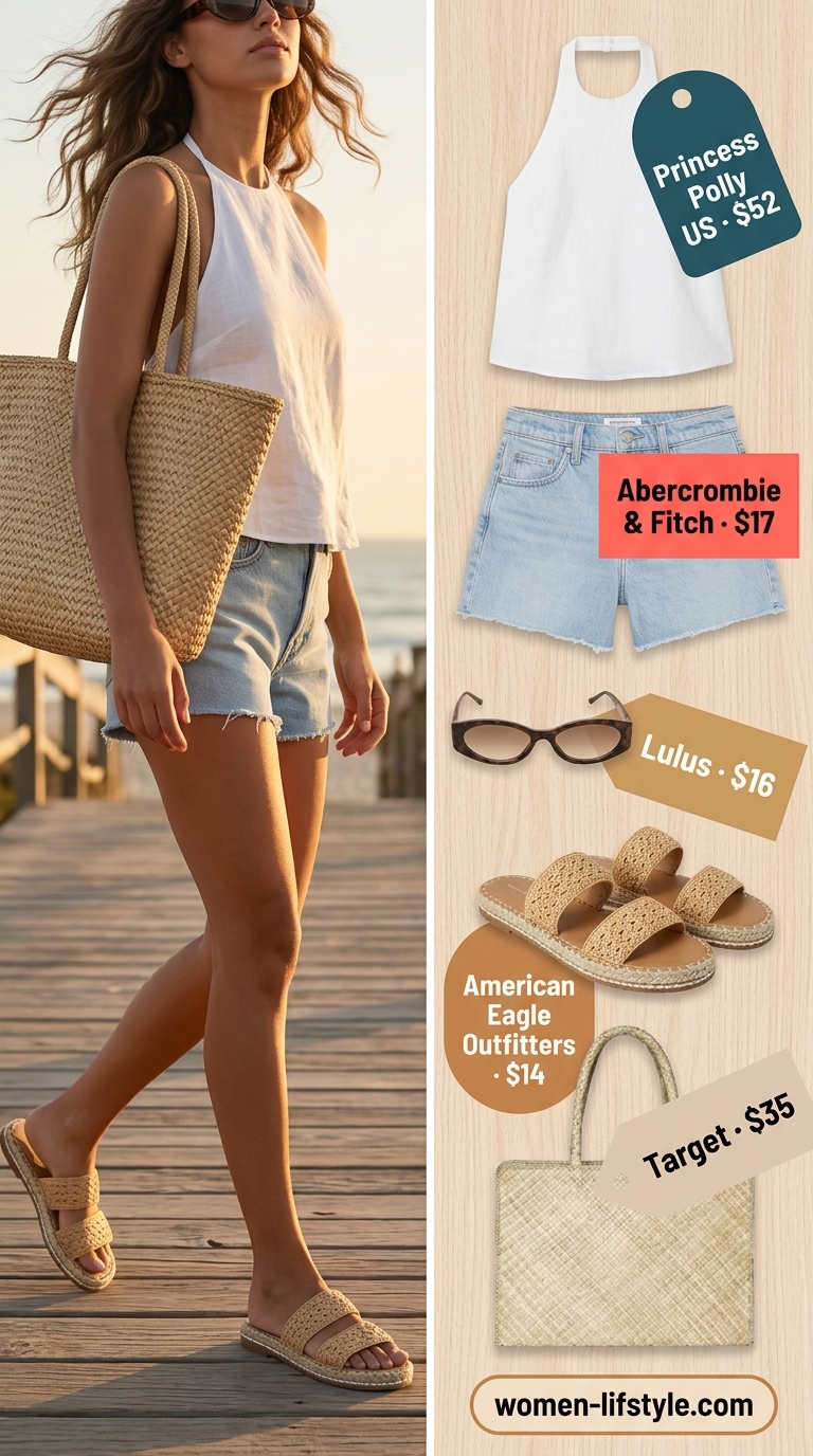 Coastal boardwalk breeze outfit with white linen halter top, light wash denim shorts, and straw accessories. Sleek summer halter top outfits 2026.
